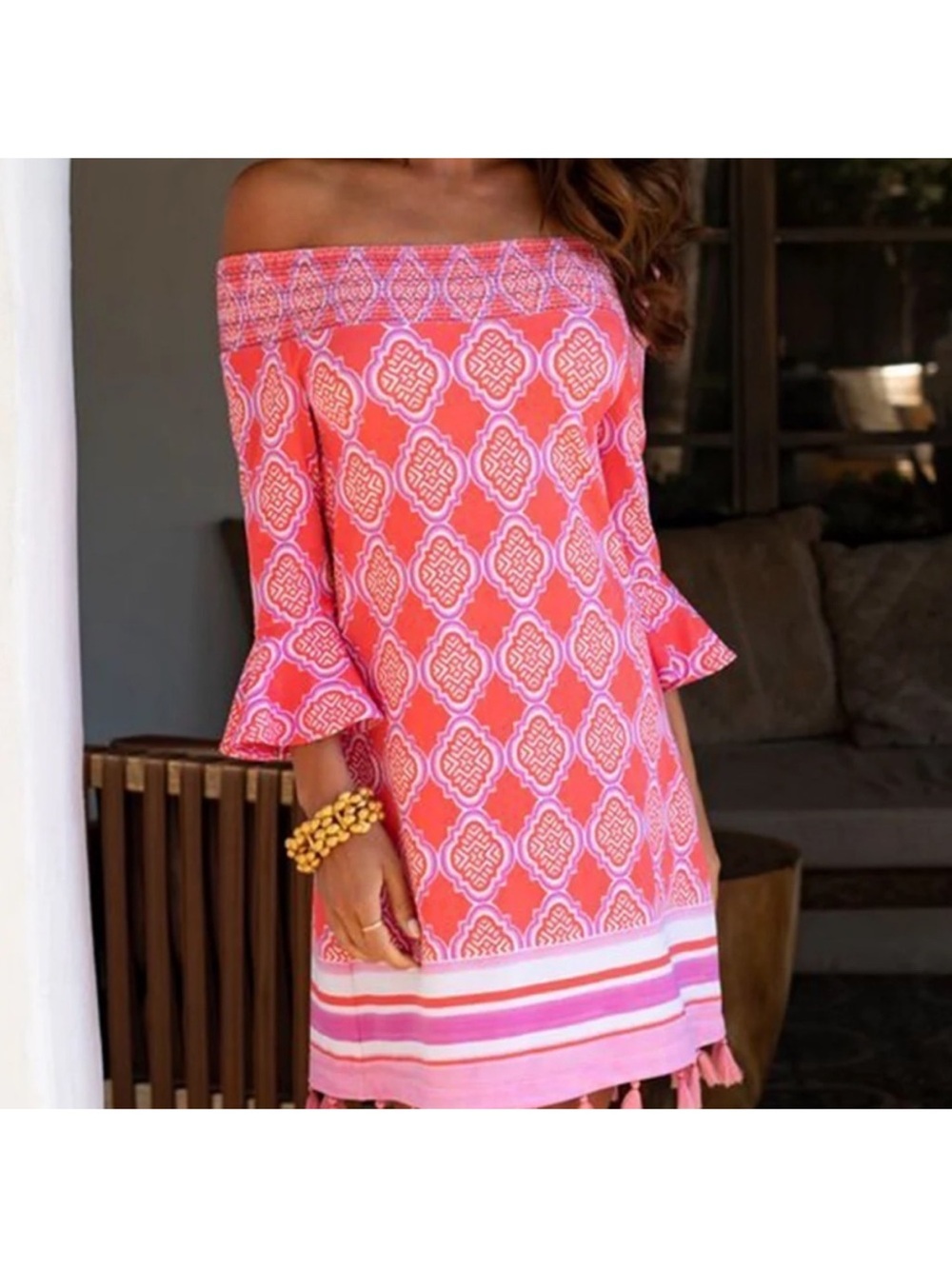 NWT Cabana Life Coral Geo Coverluxe Smocked Off-the-Shoulder Tassel Dress Small - Picture 2 of 13